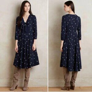Anthropologie |11-1-TYLHO Navy Blue Floral Print Acadie Tie-Neck Dress, Sz M